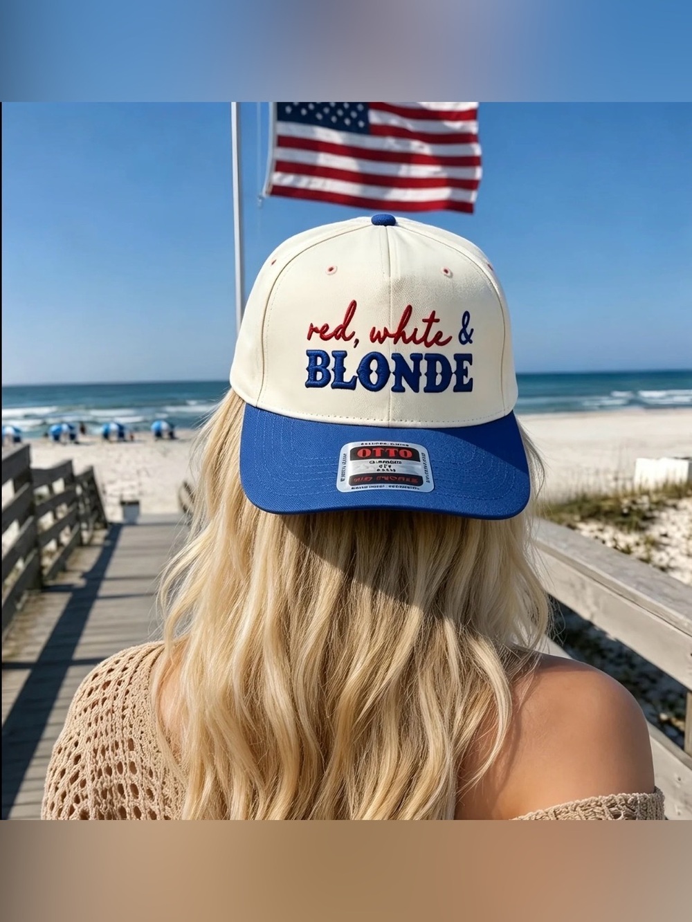 RED, WHITE, & BLONDE EMBROIDERED CANVAS ADJUSTABLE BASEBALL HAT - BLUE BRIM